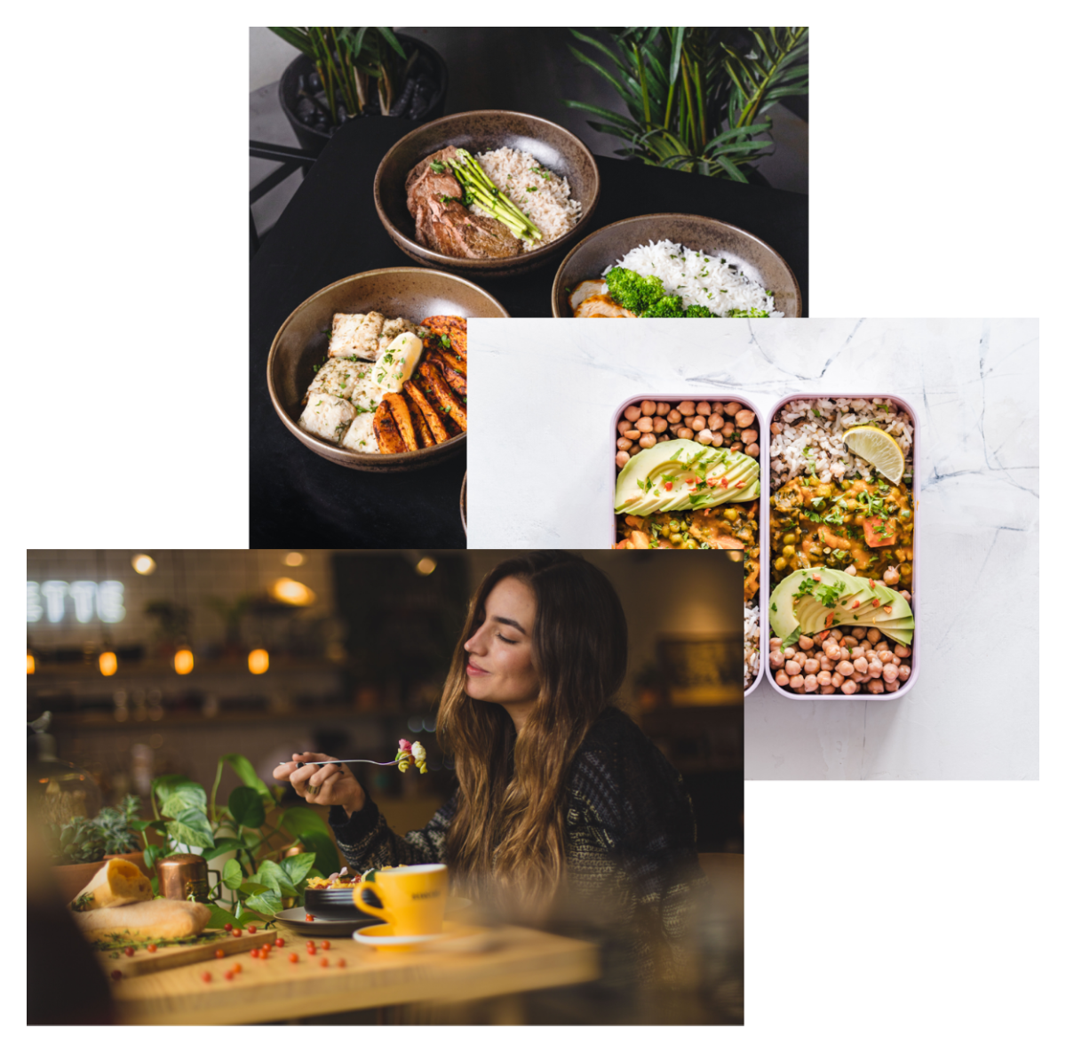Woman enjoying food, meals in
              storage container, and food bowls
              on a table